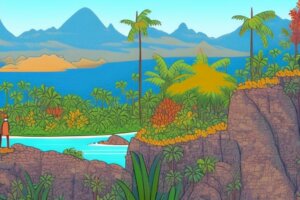 a-cartoon-image-of-an-explorer-standing-atop-a-hill-looking-out-over-a-beautiful-tropical-island-lan-58